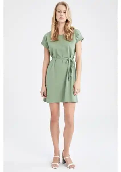 DeFacto Basic Beli Bağcıklı Yazlık Kısa Kollu Mini Elbise - Rahat ve Şık Tasarım